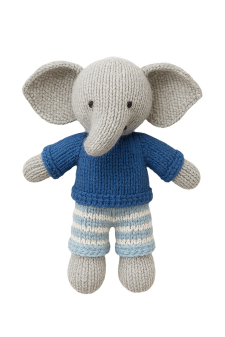 hand-knitted elephant toy in blue sweater and striped pants soft and durable yarn stuffed animal for babies and toddlers