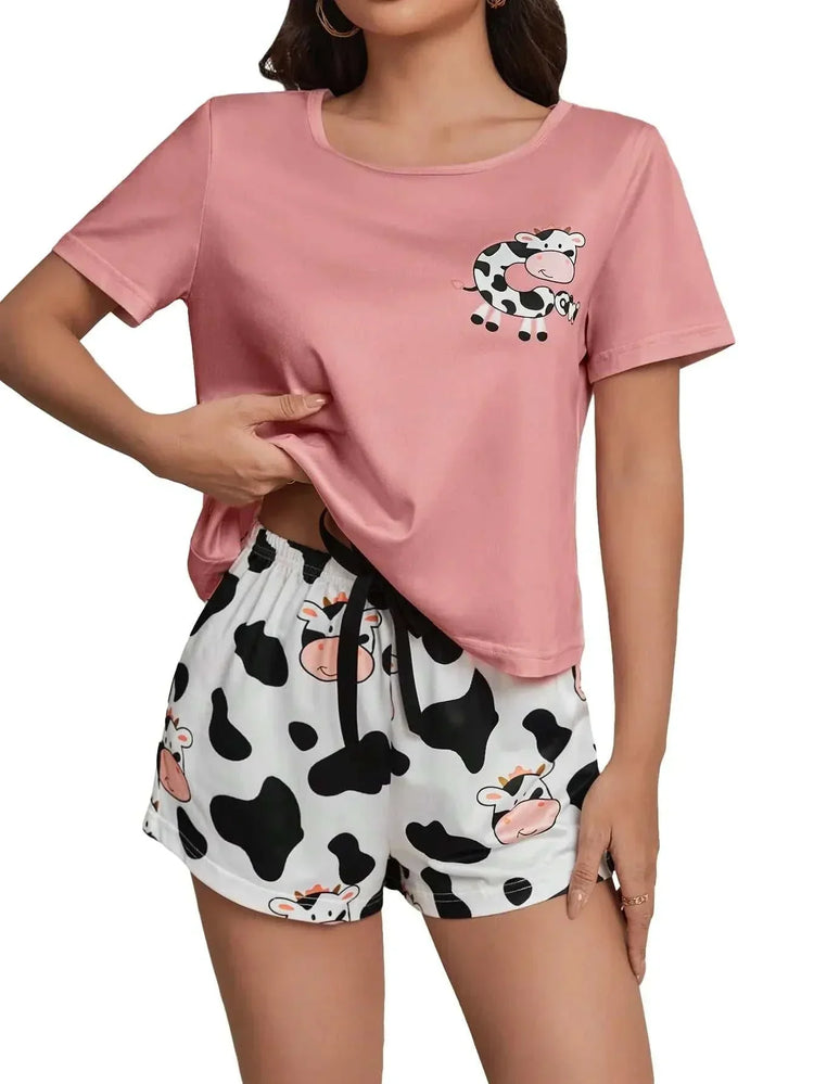 WDIRARA Womens Sleepwear pink short sleeve tee with cartoon cow print and black and white cow print knot shorts pajama set