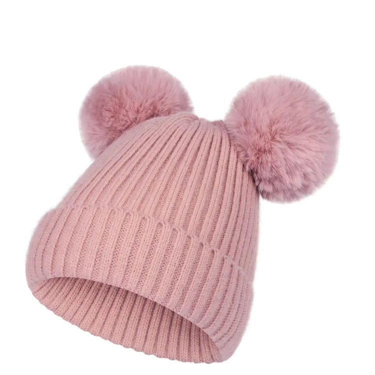 Pink knitted beanie hat for kids with detachable faux fur double pom poms winter cap
