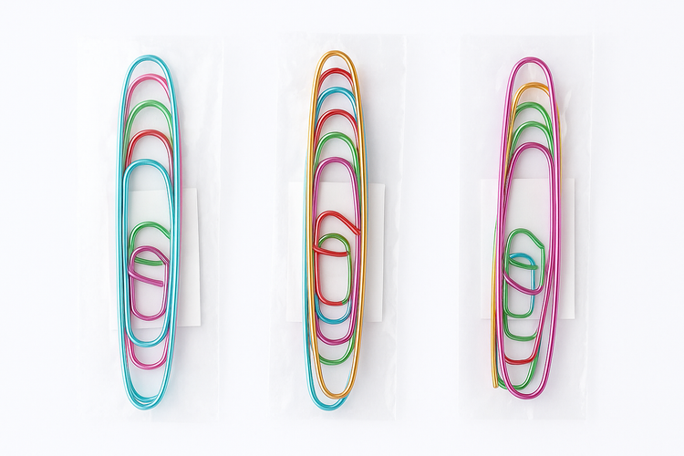 Set of colorful stitch holders for knitting in various sizes arranged on white background