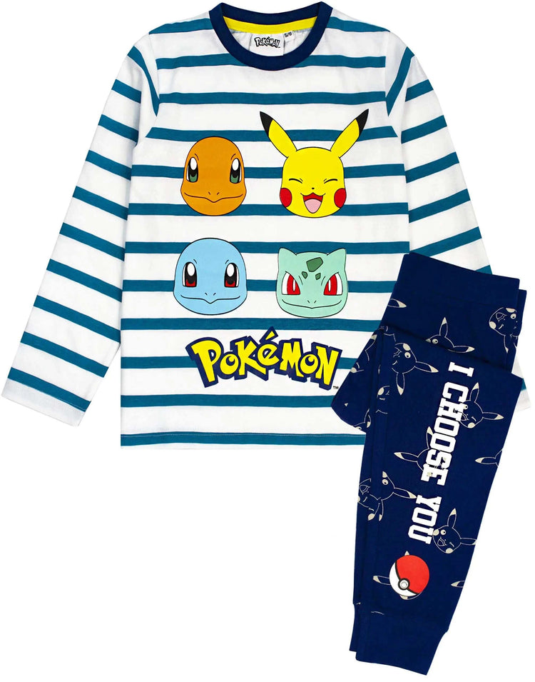 Kids Pokemon pajamas with Pikachu, Charmander, Squirtle, and Bulbasaur characters, striped white and blue long sleeve top and navy bottoms with "I CHOOSE YOU" text.