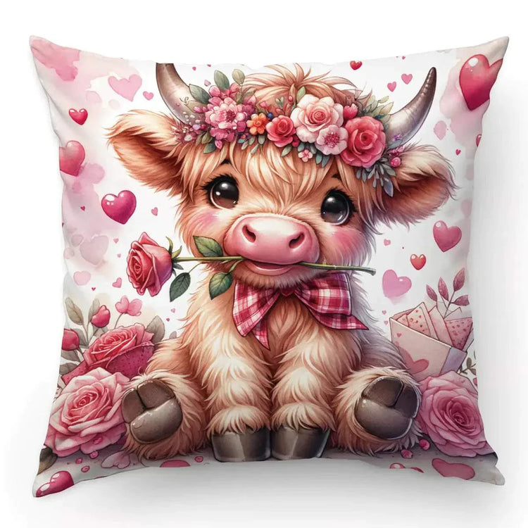 Valentines pillow cover with cute Highland cow holding a rose, decorated with hearts and flowers on soft flannel fabric
