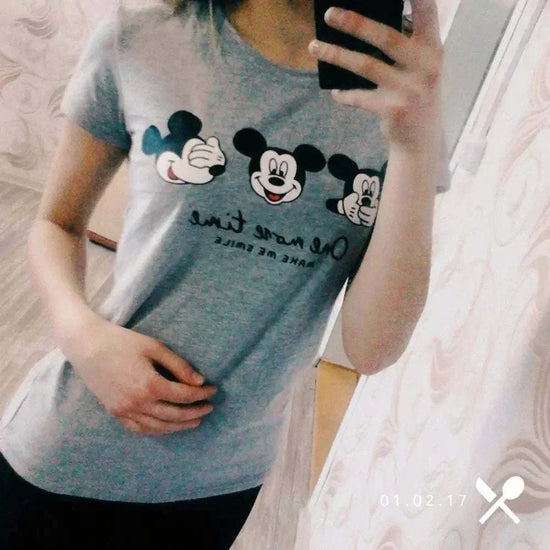Gray Cartoon Short Sleeve T-Shirt with Mickey Mouse prints and casual fit