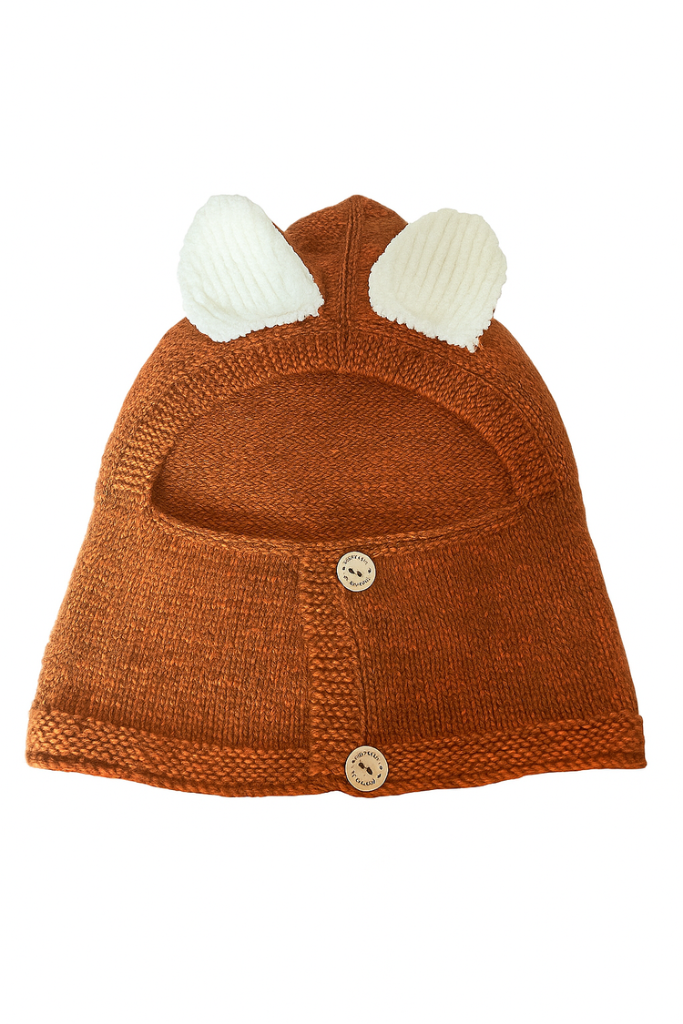 Fox-brown hand-knitted children hat with cream ears and wooden buttons, hood-style winter cap for kids