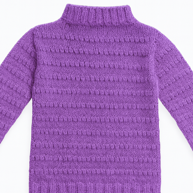 hand-knitted purple jumper with textured pattern and high collar, cozy and stylish knitwear