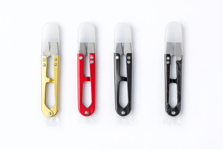 Mini U-Shaped Scissors in gold, red, and black with protective caps for precise nail and cuticle trimming