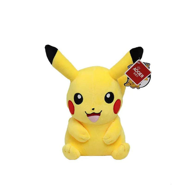 Yellow Pikachu plush toy with black-tipped ears and red cheeks sitting and smiling