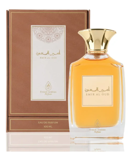 Emir al Oud 100ml eau de parfum bottle and box by French Arabian Perfumes with sweet woody amber fragrance.