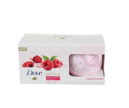 Dove Milk Swirls vanilla raspberry bath bombs with creamy milk swirls design in white packaging