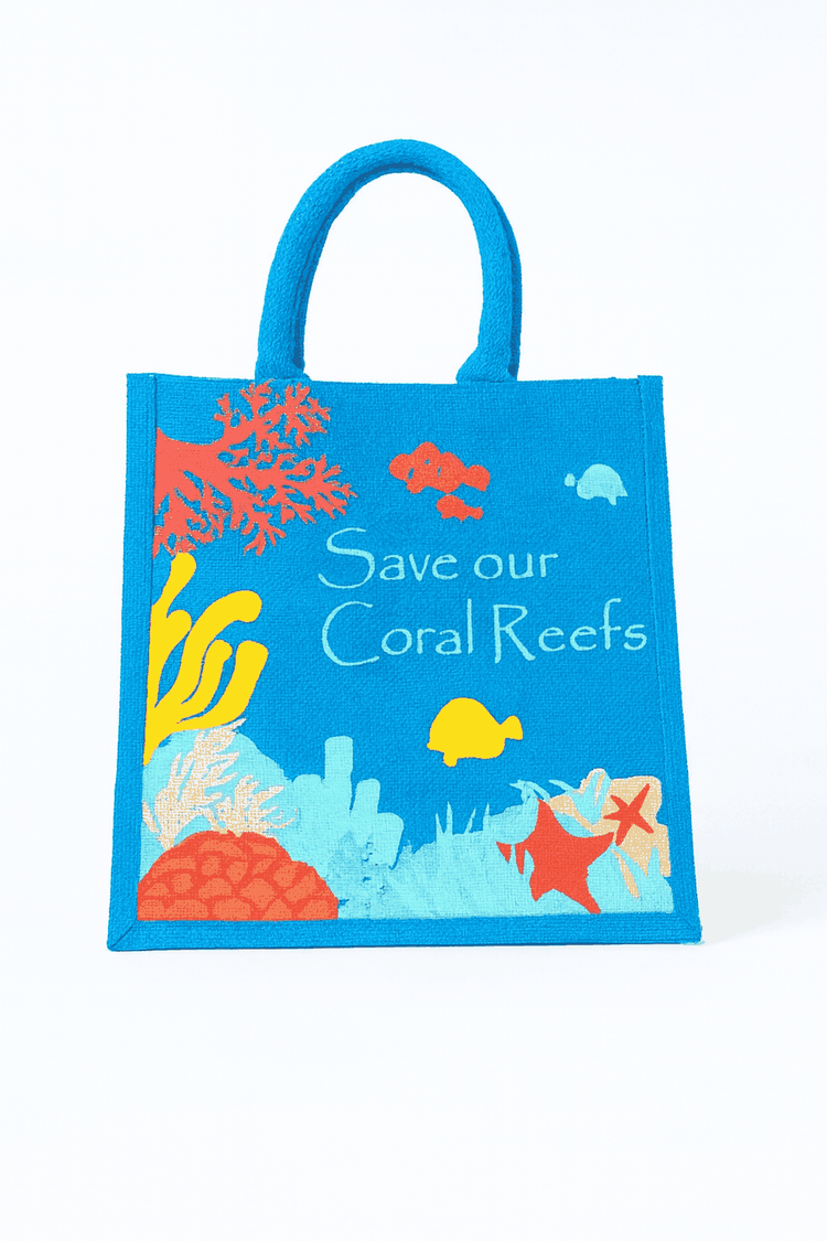 blue knitting bag with coral reef design and "Save our Coral Reefs" text for organized yarn storage