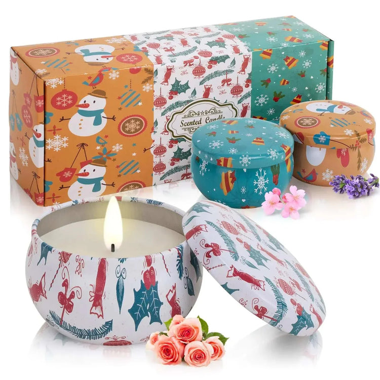 Christmas Candles Set 3 Pack Aromatherapy Scented Candles in Festive Holiday Tins