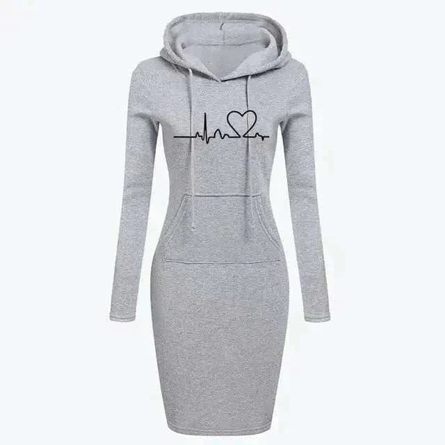 grey Autumn Winter Women Hoodies Sweatshirts dress with heart and heartbeat design