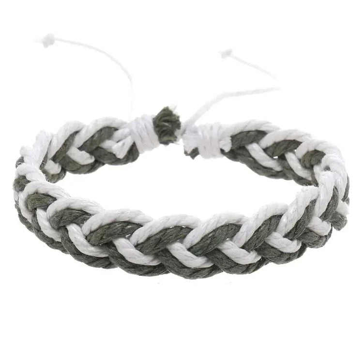 Handwoven cotton string bracelet in artistic braided style with white and gray threads