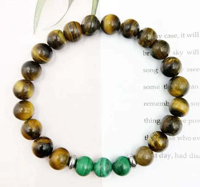 Natural Malachite Tiger Eye beaded bracelet with green malachite and brown tiger eye stones for balance and protection