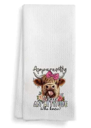 White kitchen towel with Highland cow design and attitude quote, Highland Cow Gifts kitchen decor