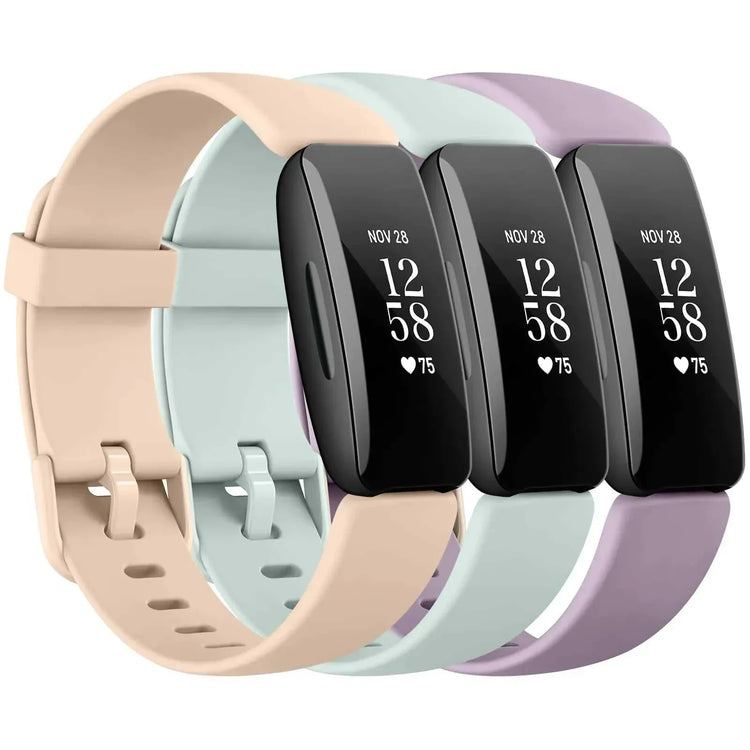 3 pack silicone bands in apricot pink, light cyan, and light purple compatible with Fitbit Inspire 2 and Ace 3 adjustable sport wristbands