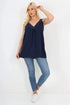 Italian V neck lace detail navy vest top worn with jeans and white sneakers