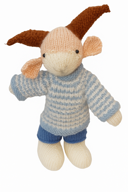 hand-knitted stuffed toy with striped sweater and blue shorts soft and durable handcrafted plush toy
