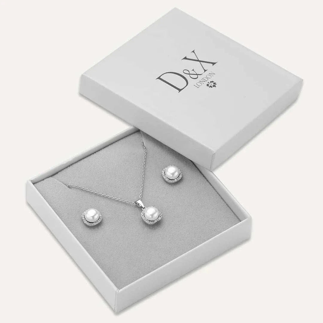 Silver boxed jewellery gift set with necklace and earrings in D&X London packaging