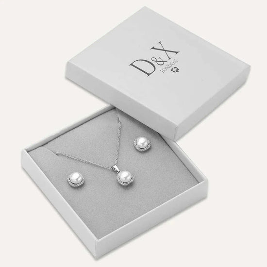 Silver boxed jewellery gift set with necklace and earrings in D&X London packaging