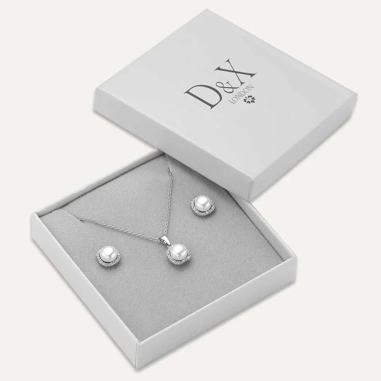 Silver boxed jewellery gift set with necklace and earrings in D&X London packaging