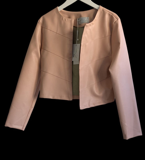 Pink faux leather cropped jacket with open front and sleek design