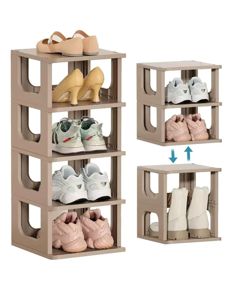 Khaki 5-tier narrow shoe rack with stackable modular design for space-saving shoe organization and boot storage