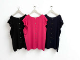Frill cap sleeve tops with button back in black, pink, and navy, one size fits UK 8-22