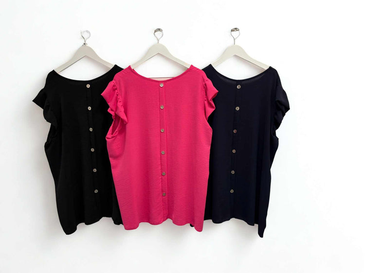 Frill cap sleeve tops with button back in black, pink, and navy, one size fits UK 8-22
