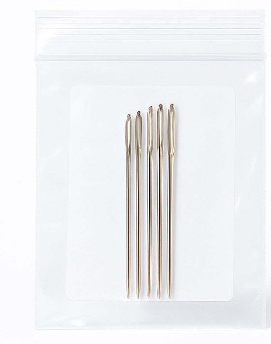 Pack of five durable embroidery needles in clear resealable bag for precise hand stitching