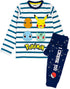 Kids Pokemon pajamas with Pikachu, Charmander, Squirtle, and Bulbasaur characters, striped white and blue long sleeve top and navy bottoms with "I CHOOSE YOU" text.