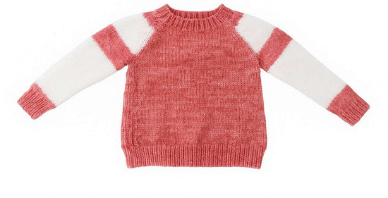 hand-knitted jumper in coral pink with white and pink striped sleeves, cozy and stylish knitwear for casual wear and layering