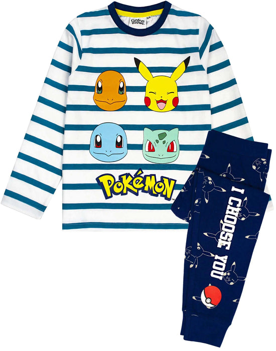 Kids Pokemon pajamas with Pikachu, Charmander, Squirtle, and Bulbasaur characters, striped white and blue long sleeve top and navy bottoms with "I CHOOSE YOU" text.