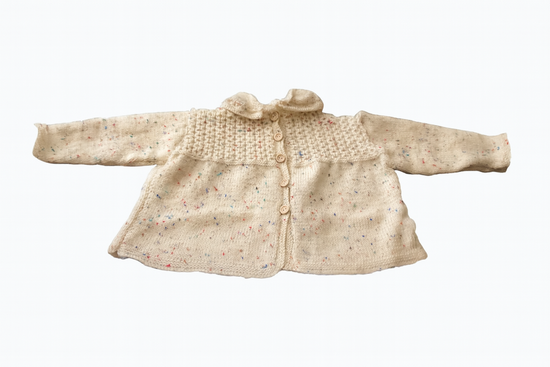handmade baby cardigan knitted cream with multicolor specks and buttons