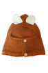Fox-brown hand-knitted children hat with cream ears and wooden buttons, hood-style winter cap for kids
