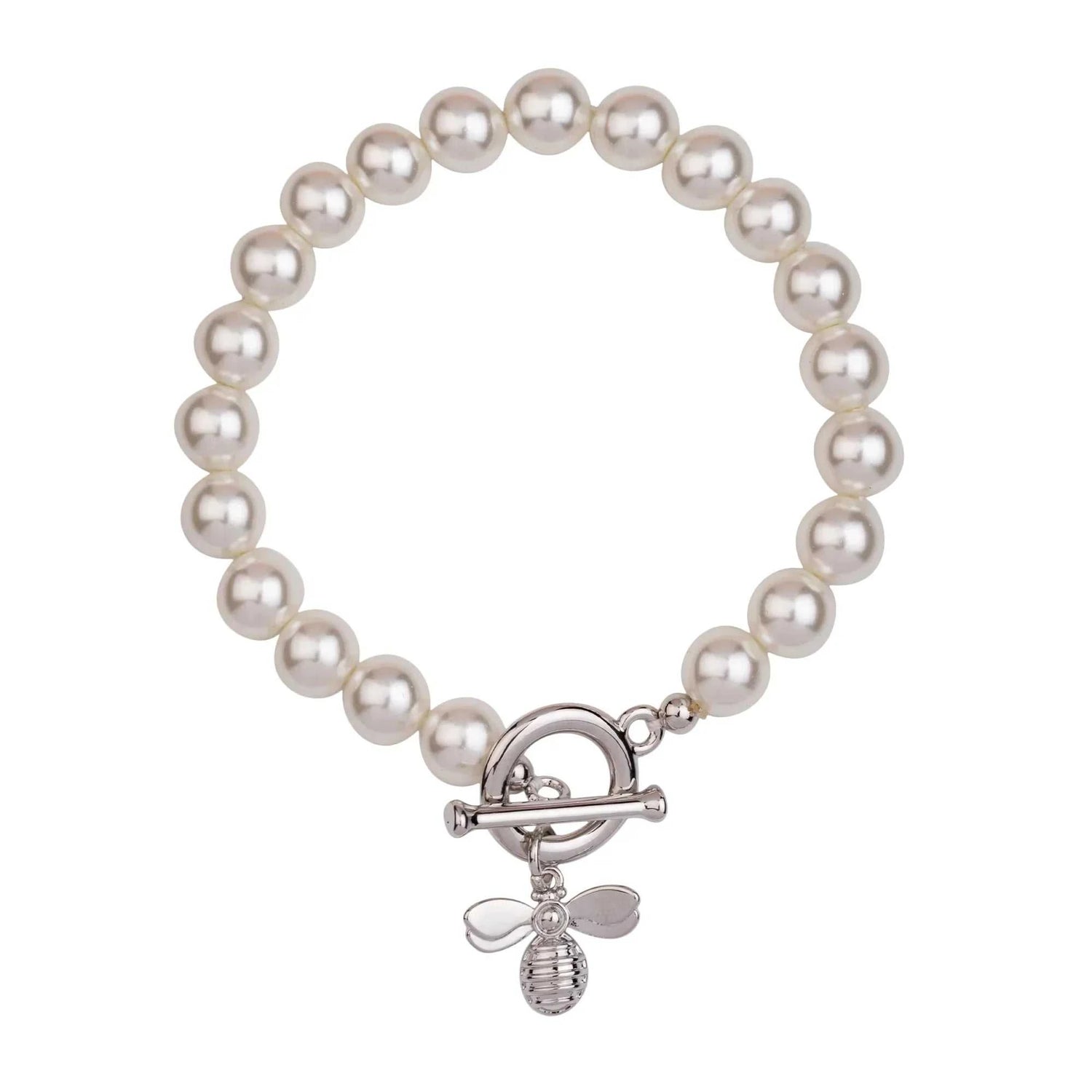 Mother of Pearl Bee Bracelet with rhodium silver bee charm and cream pearls