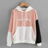 Explosive Color Matching Hooded Sweater for women with pink, white, and black color blocks and front pocket