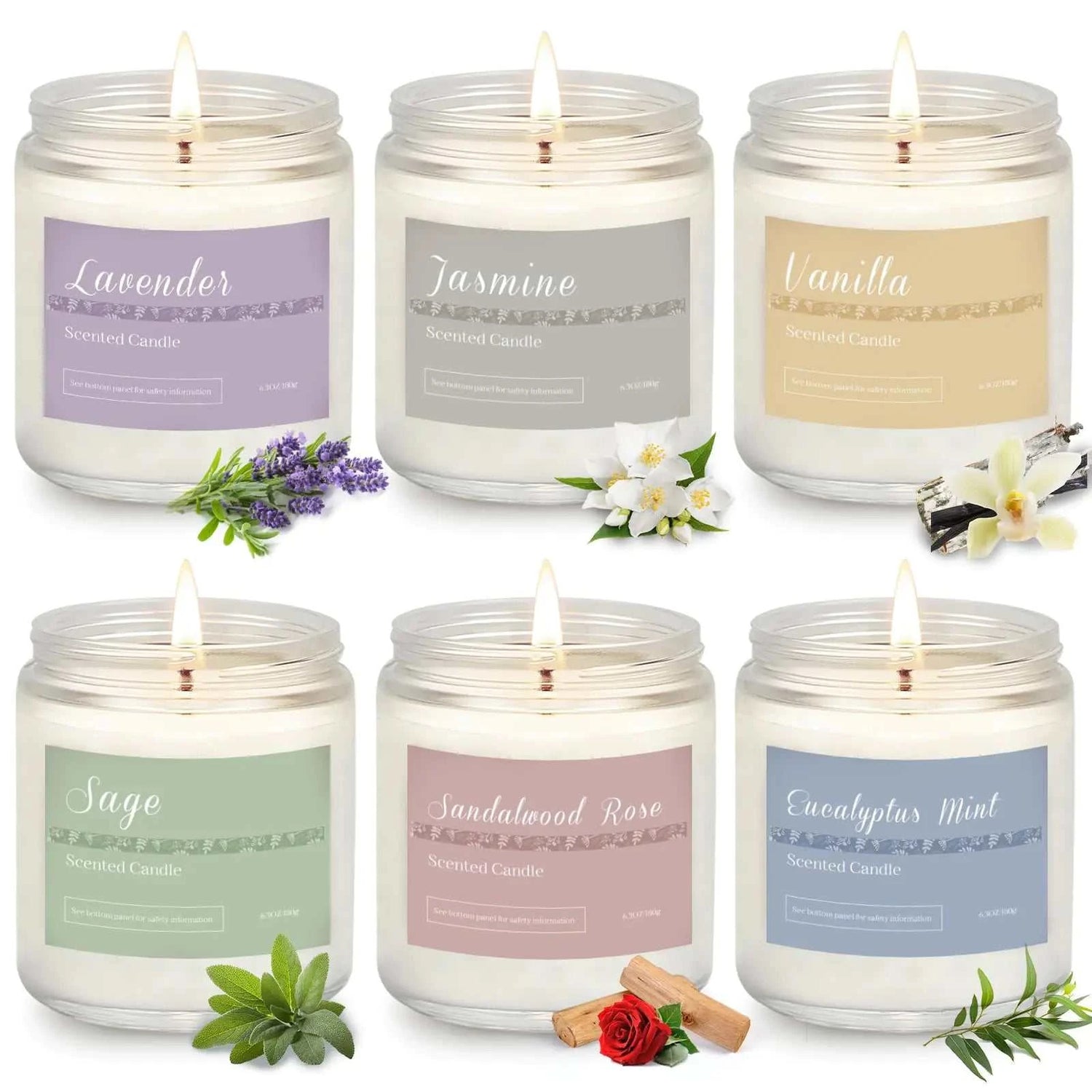 6 pack scented aromatherapy candles in lavender, jasmine, vanilla, sage, sandalwood rose, and eucalyptus mint scents in glass jars