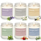 6 pack scented aromatherapy candles in lavender, jasmine, vanilla, sage, sandalwood rose, and eucalyptus mint scents in glass jars