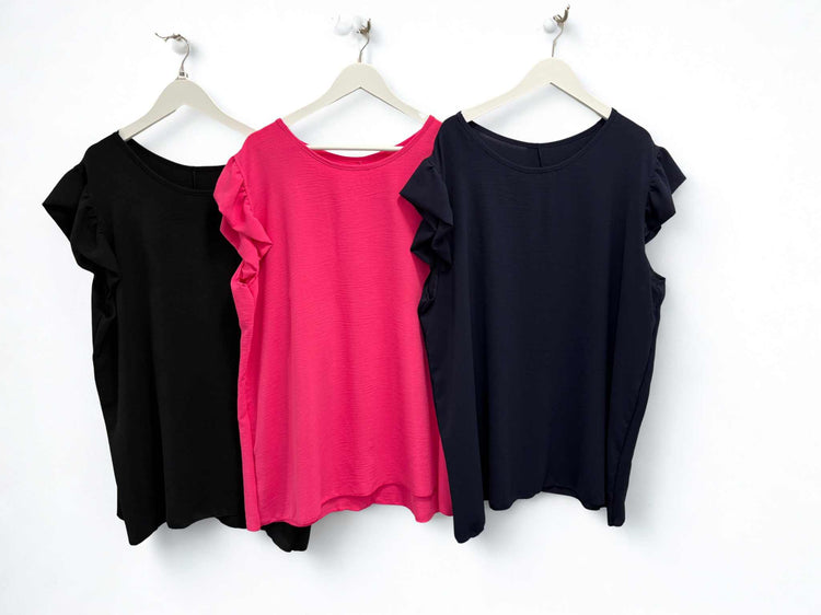 Frill cap sleeve tops with button back in black, pink, and navy, one size fits UK 8-22