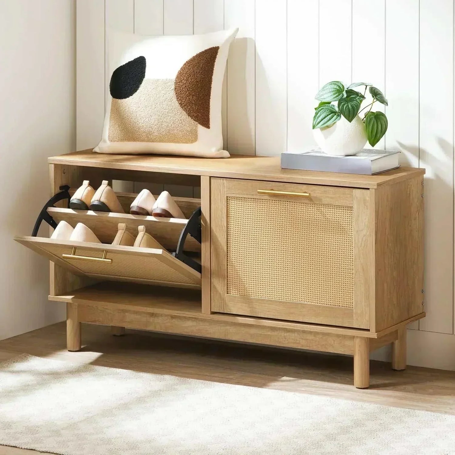 HOOBRO rattan-like shoe bench with 2 flip drawers and wooden legs for entryway storage and seating
