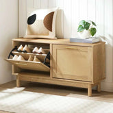 HOOBRO rattan-like shoe bench with 2 flip drawers and wooden legs for entryway storage and seating