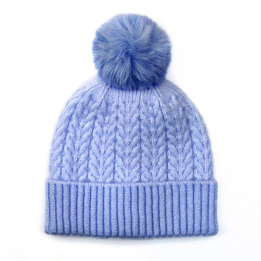 Light blue recycled yarn herringbone cable knit hat with pom pom and ribbed cuff