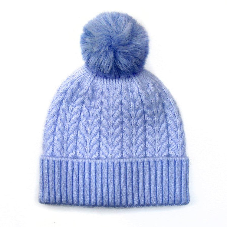 Light blue recycled yarn herringbone cable knit hat with pom pom and ribbed cuff
