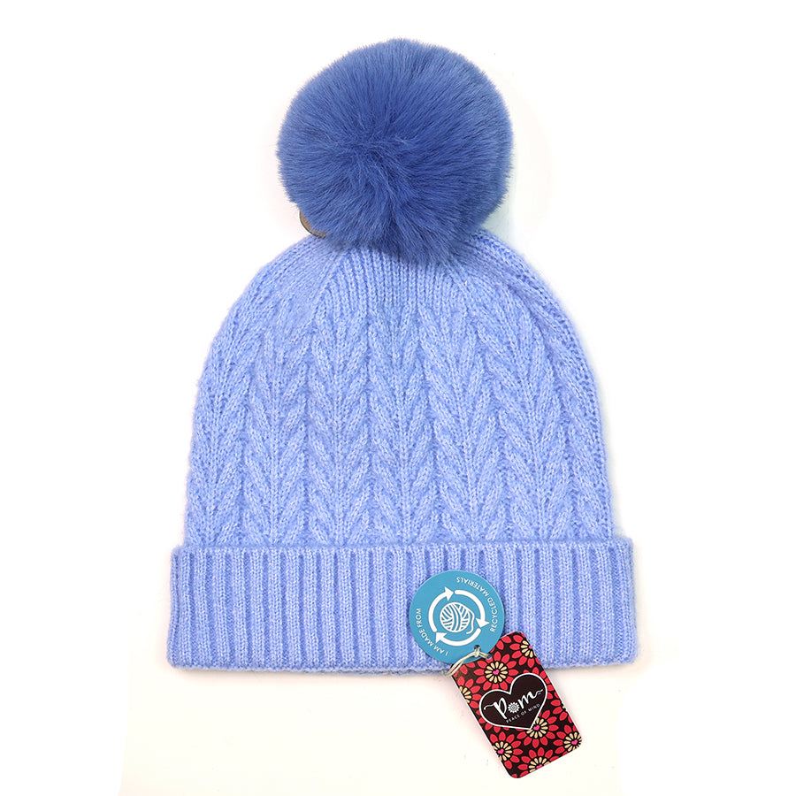 Light blue recycled yarn herringbone cable knit hat with pom pom and ribbed cuff