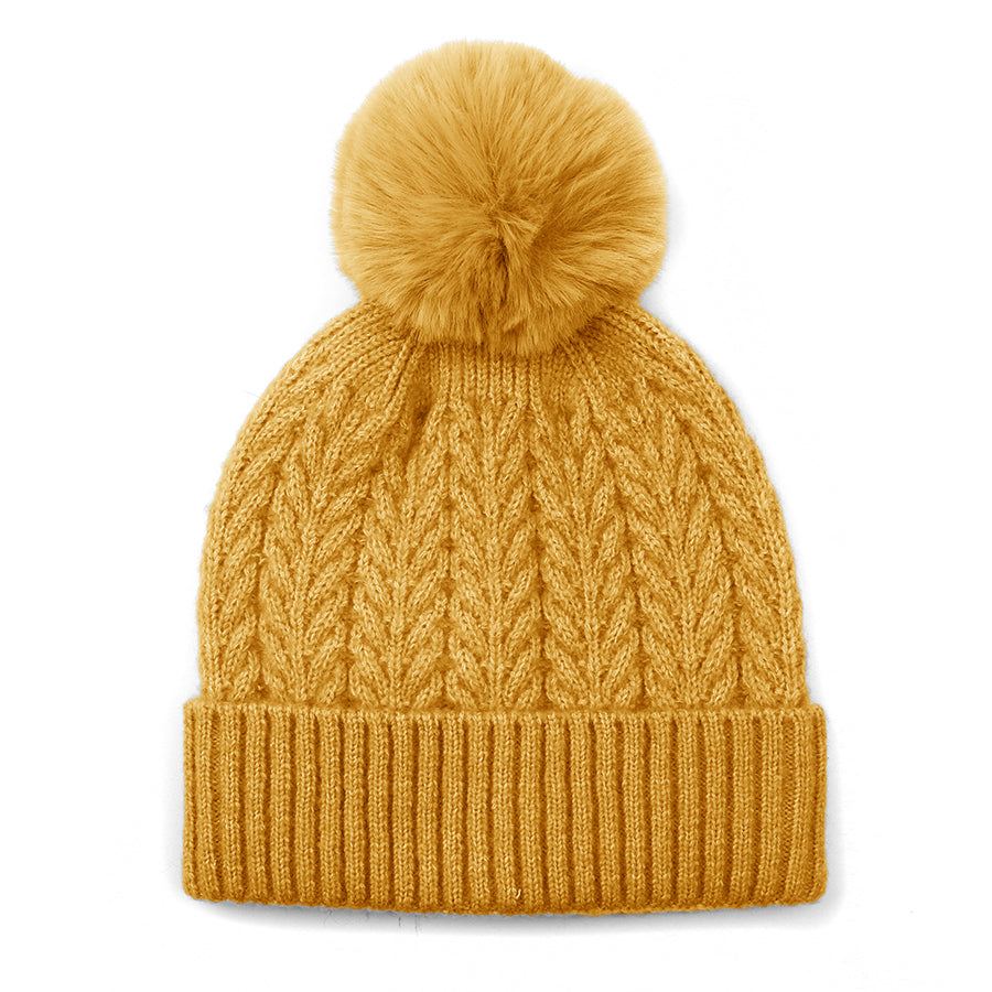 Mustard yellow recycled yarn herringbone cable knit hat with pom pom