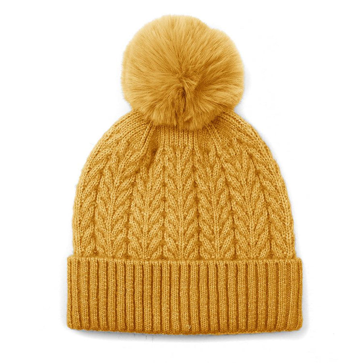 Mustard yellow recycled yarn herringbone cable knit hat with pom pom