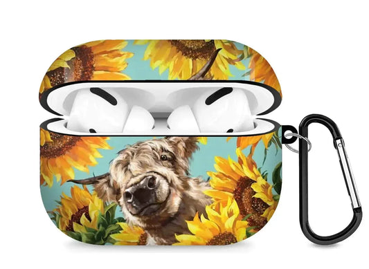 Sunflower Cow AirPods Pro case with vibrant sunflower design, durable TPU material, shockproof, waterproof, and includes a keychain clip