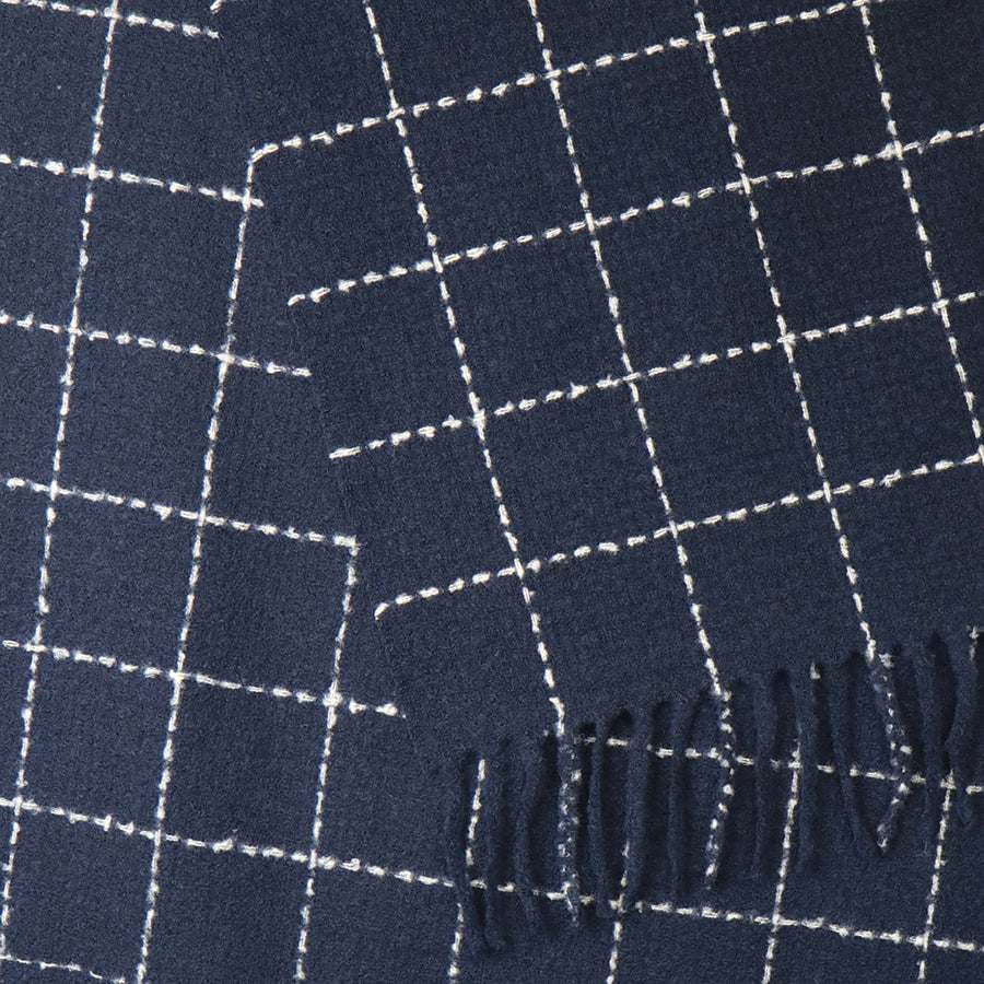 Navy fine check scarf with white grid pattern and fringe tassels, 100% polyester