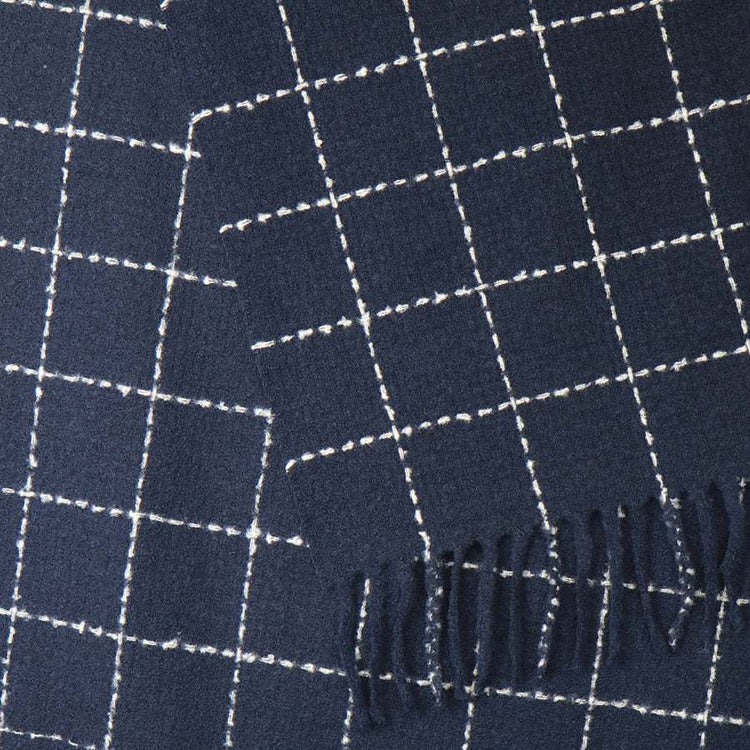 Navy fine check scarf with white grid pattern and fringe tassels, 100% polyester